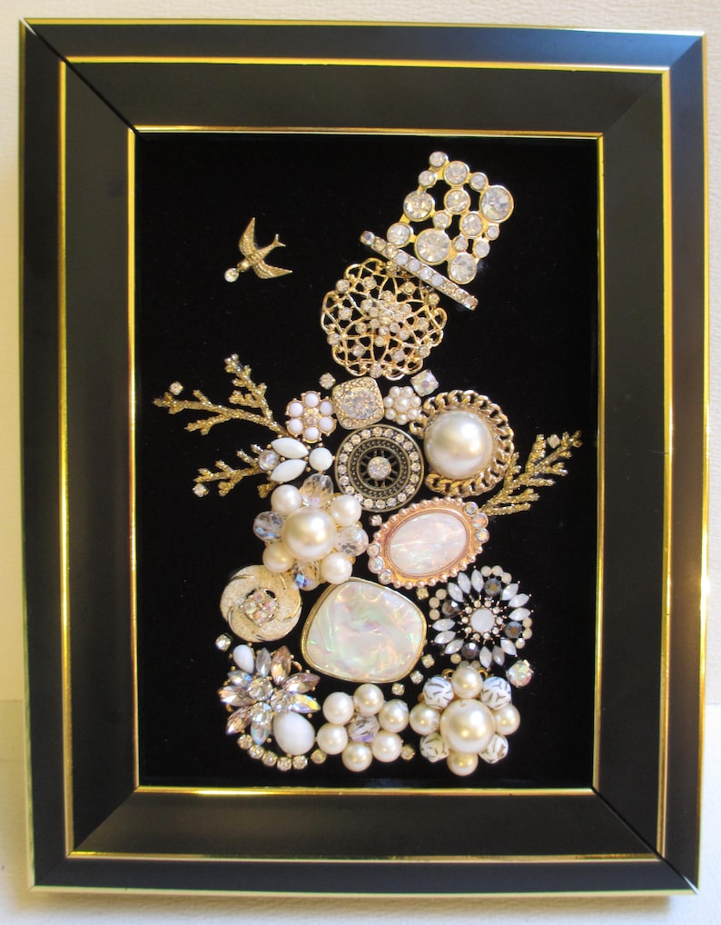 Jeweled Framed Jewelry Art Snowman Vintage Black Gold Etsy
