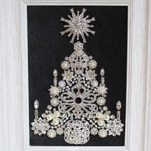 Jeweled Framed Jewelry Art Christmas Tree Dark Gray Silver Rhinestone Pearl Detailed Fabulous Gift
