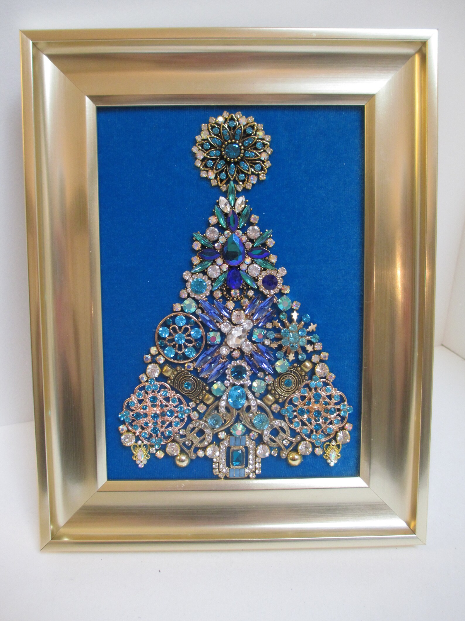 Jeweled Framed Jewelry Art Christmas Tree Aqua Blue Peacock Etsy