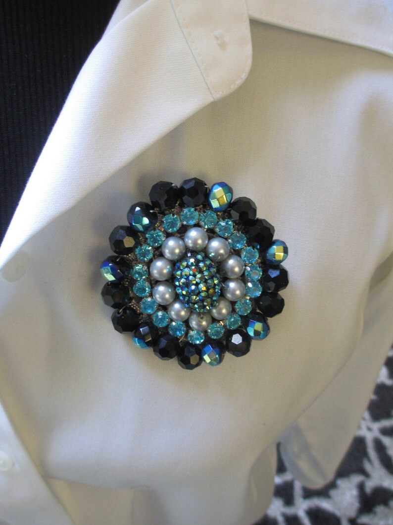 Statement Brooch Handmade Blue Black Gray Aqua Fabulous Etsy