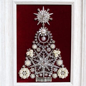 Jeweled Framed Jewelry Art Christmas Tree Cranberry Red Silver Deco Rhinestone Pearl Fabulous Gift