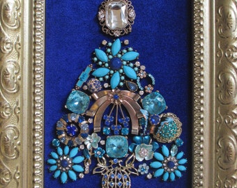 Jeweled Framed Jewelry Art Christmas Tree Gold Royal Blue Aqua Vintage Deco Gift