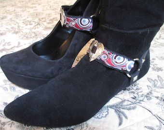 Boot Straps Shoe Jewelry Black Silver Heart Concho Crystals Studded Interchangeable