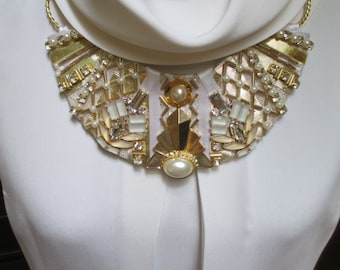 CLEARANCE Bib Collar Deco Statement Necklace Ivory Cream Gold Hand Beaded
