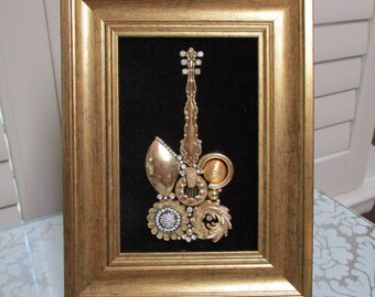 Jeweled Framed Jewelry Art Guitar Music Black Gold Vintage