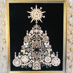 Jeweled Framed Jewelry Art Christmas Tree Green Silver Heirloom Vintage Deco Rhinestone Fabulous Gift