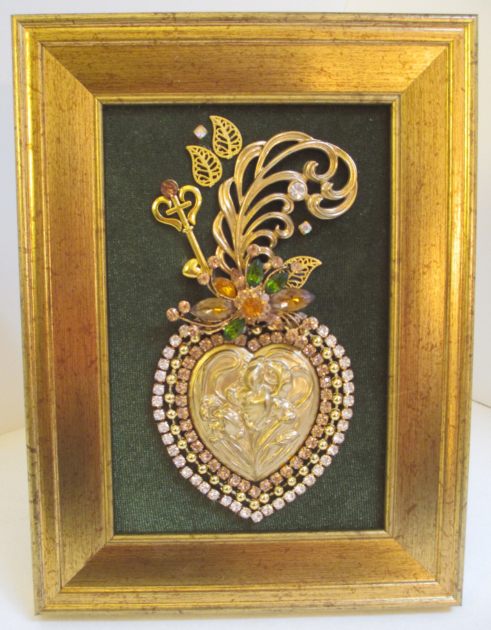 Jeweled Framed Jewelry Art Sacred Heart Olive Green Gold Amber Etsy