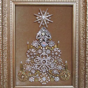 Jeweled Framed Jewelry Art Christmas Tree Gold Deco Vintage Rhinestone Detailed Fabulous Gift