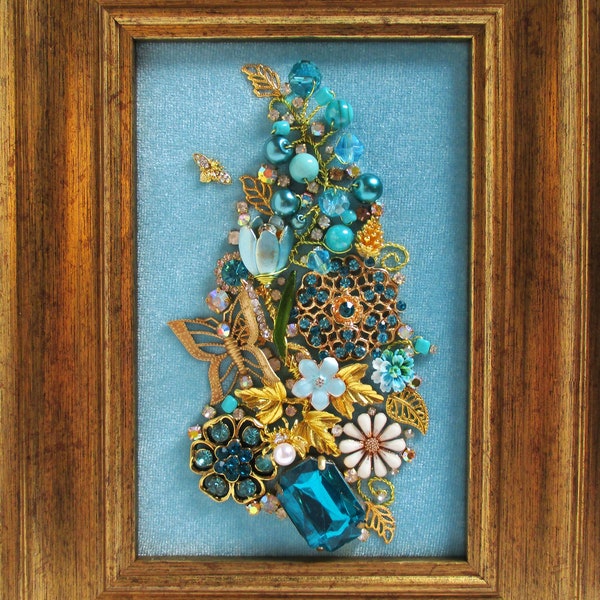 Jeweled Framed Jewelry Art Flower Bouquet Abstract Aqua Blue Gold Rhinestone Floral Fabulous Gift