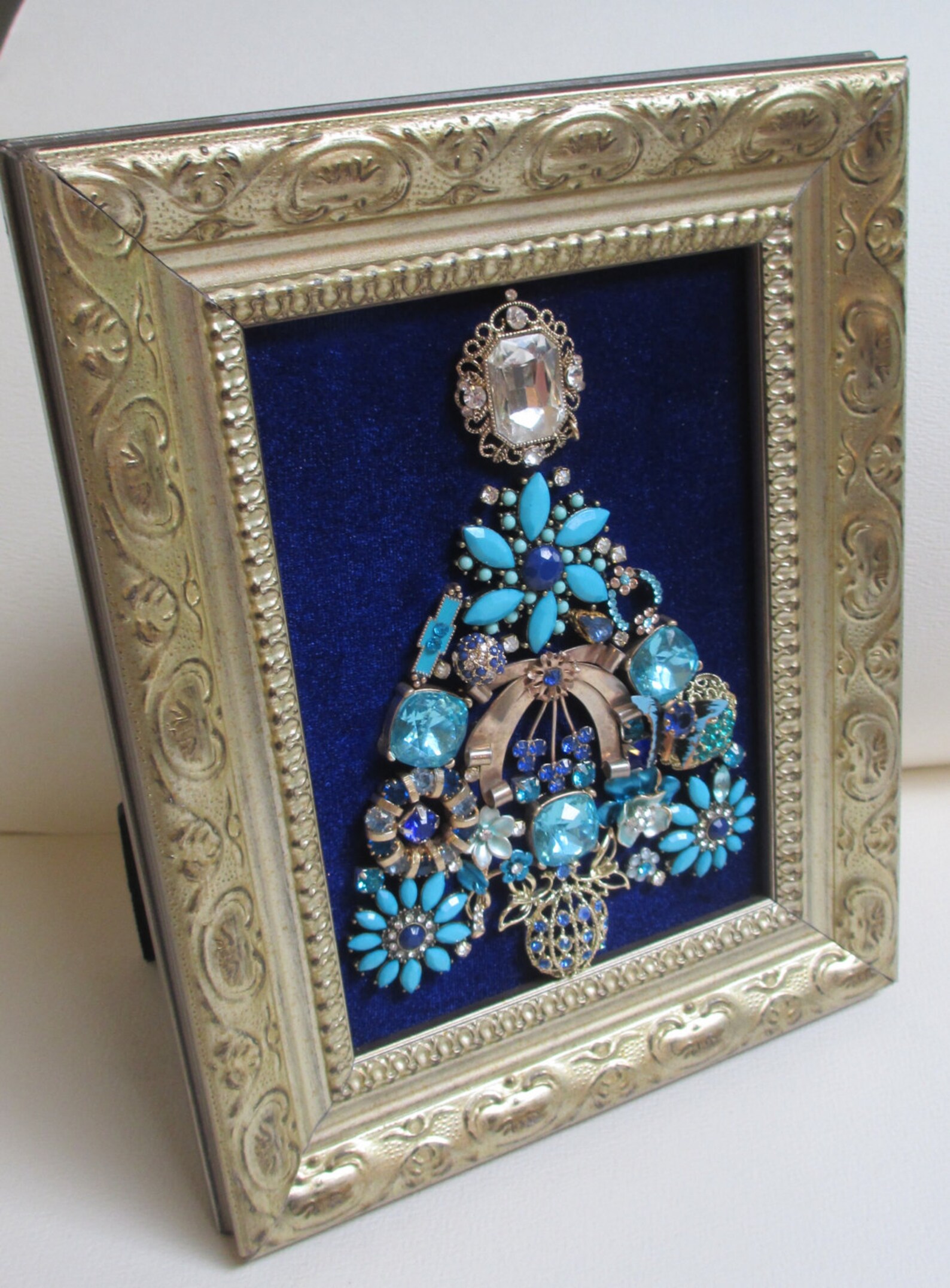 Jeweled Framed Jewelry Art Christmas Tree Gold Royal Blue Aqua Etsy