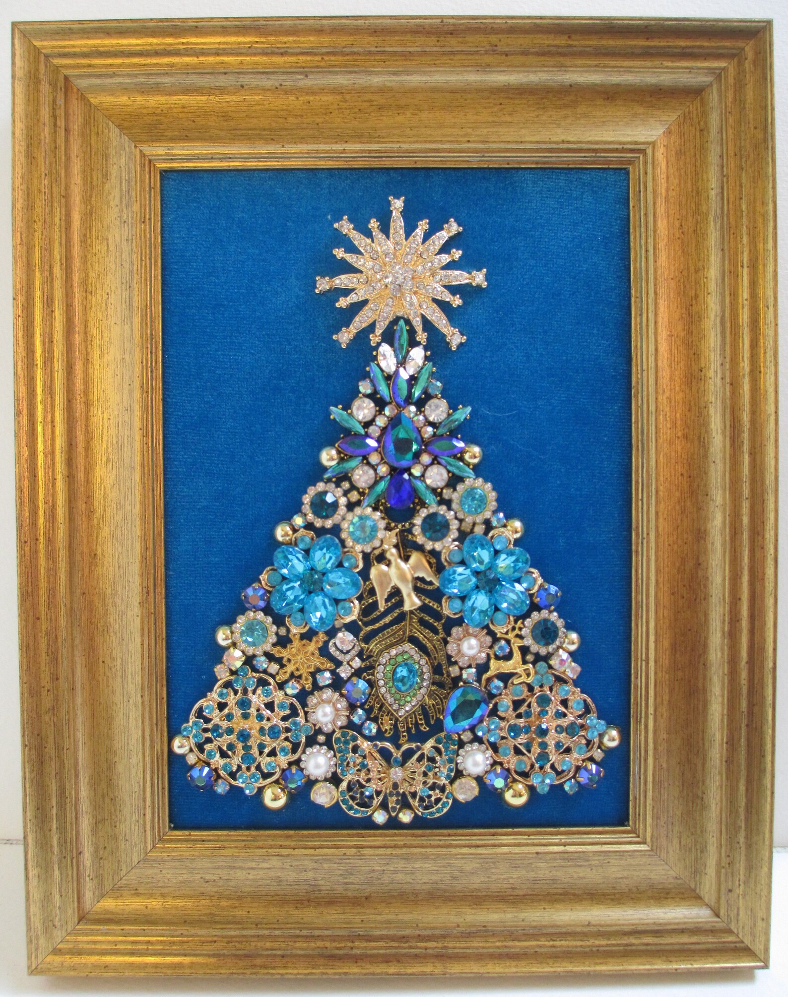 Jeweled Framed Jewelry Art Christmas Tree Turquoise Blue Gold Etsy