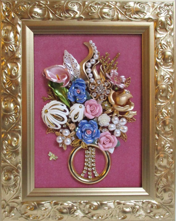 Jeweled Framed Jewelry Art Flower Bouquet Pink Blue Vintage Rhinestone  Floral Detailed Fabulous Gift