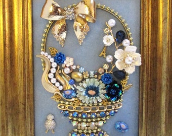 Jeweled Framed Jewelry Art Easter Basket Blue Gold Floral Rhinestone Chick Detailed Fabulous Gift