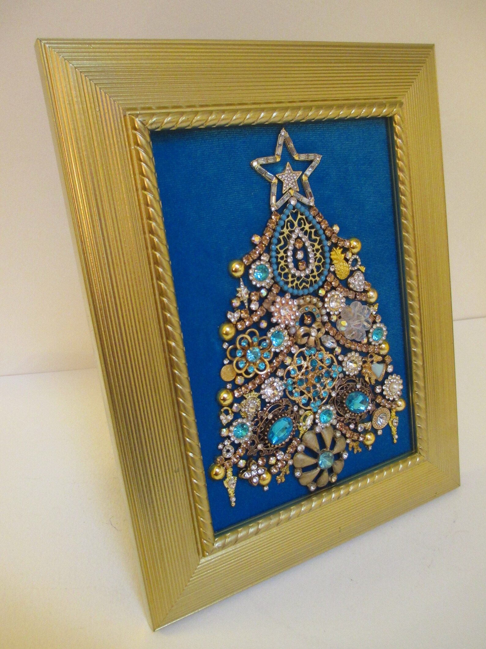 Jeweled Framed Jewelry Art Christmas Tree Vivid Turquoise Blue Etsy