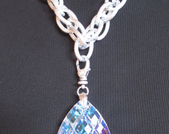 Large Carved Teardrop Crystal Prism Necklace Silver Textured Double