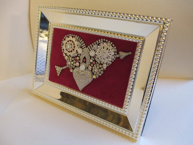 Jeweled Framed Jewelry Heart Valentine Fuchsia Pink Silver Vintage Rhinestone Gorgeous