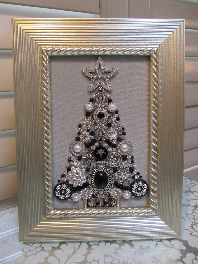 Jeweled Framed Jewelry Art Christmas Tree Gray Silver Black Etsy