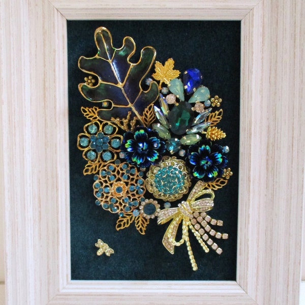 Jeweled Framed Jewelry Art Flower Bouquet Teal Green Blue Gold Vintage Rhinestone Detailed Fabulous Gift