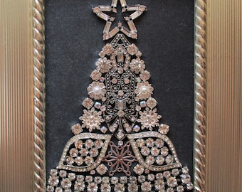 Jeweled Framed Jewelry Art Christmas Tree Gray Silver Vintage Deco Rhinestone Detailed Fabulous Gift