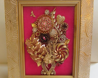 Jeweled umrahmt Schmuck Kunst Blumenstrauß Valentine Fuchsia Pink Gold Bernstein Vintage Strass Fabelhaftes Geschenk