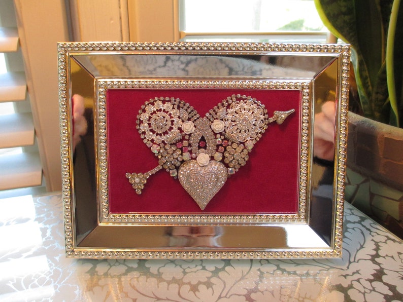 Jeweled Framed Jewelry Heart Valentine Fuchsia Pink Silver Vintage Rhinestone Gorgeous