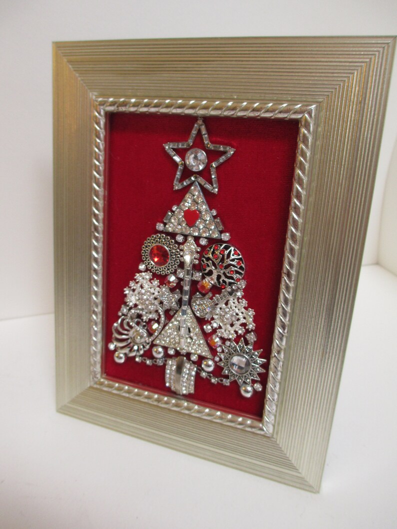 Jeweled Framed Jewelry Art Christmas Tree Red Silver Guitar Detailed Vintage Rhinestones Fabulous