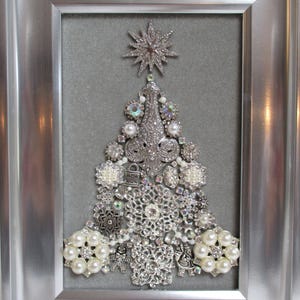 Jeweled Framed Jewelry Art Christmas Tree Light Gray Silver Deco Rhinestone Pearl Detailed Fabulous Gift