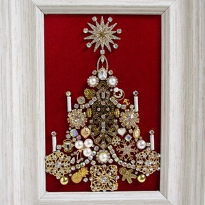 Jeweled Framed Jewelry Art Christmas Tree Red Gold Pearl Rhinestone Deco Detailed Fabulous Gift