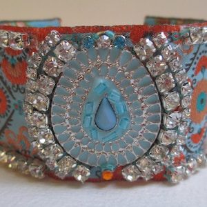 CLEARANCECuff Bracelet Aqua Orange Rhinestones Satin Fabric Ribbon