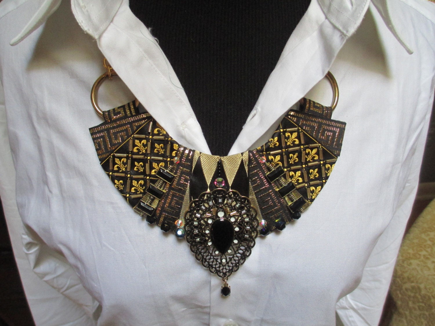 Bib Collar Statement Necklace Black Gold Tone Lame Greek Key | Etsy