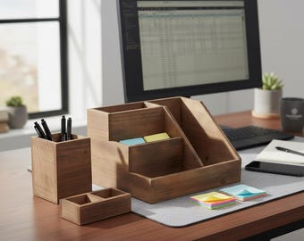 Rustic Wooden Desk Organizer, Minimalist Office Supply Storage Box