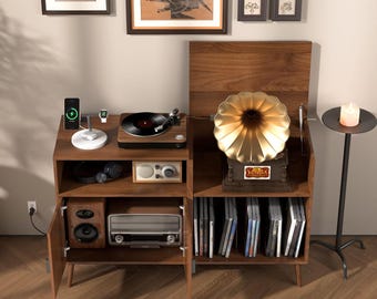 Handmade Solid Wood Record Player Stand, Mid Century Modern Vinyl Storage Cabinet, LP Organizer