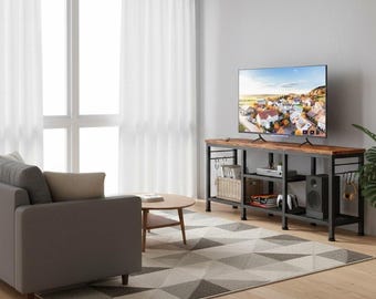Modern Wooden TV Stand with Storage Shelves, Farmhouse Entertainment Center, Media Console Table for Living Room, Soundbar & TV Storage