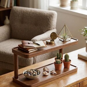 Two Tier Wooden Stand, Modern Natural Wood Display Shelf, Countertop Organizer image 6