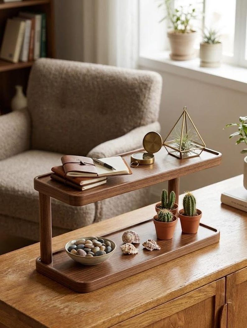 Two Tier Wooden Stand, Modern Natural Wood Display Shelf, Countertop Organizer image 6