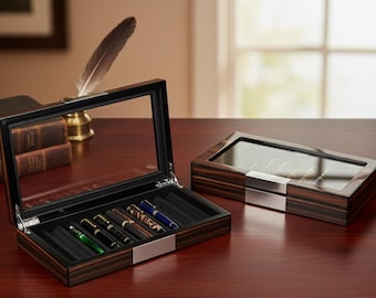 Wooden Fountain Pen Display Box with Glass Lid, 10 Slot Organizer