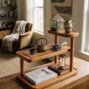 Op de afbeelding: Een houten displaystandaard met drie niveaus, voorzien van een glazen terrarium met een vetplant, een stapel van drie keramische mokken, een metalen theepot op een bamboematje, een klein kopje, een bosje gedroogde lavendel, een zandloper en een boek getiteld The Art of Slow Living.