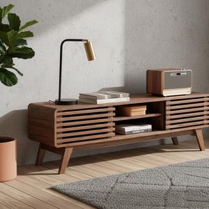 May include: A mid-century modern style wooden media console with slatted doors and angled legs. A black and gold desk lamp, a small wooden radio, and books are on top. A potted plant is on the left.