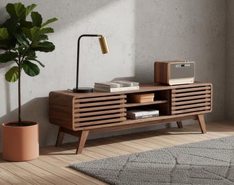 Mid-Century Walnut TV Console with Storage, Low Profile Media Stand
