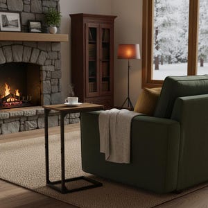 May include: A cozy living room scene featuring a stone fireplace with a burning fire, a dark green sofa, and a small wooden side table. A cup of coffee sits on the table. A window reveals a snowy outdoor scene.