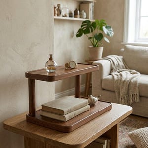 May include: A two-tiered wooden display stand with rounded corners and a smooth finish. The top tier holds a glass perfume bottle and a wristwatch, while the bottom tier holds two stacked books and a small decorative bird figurine.