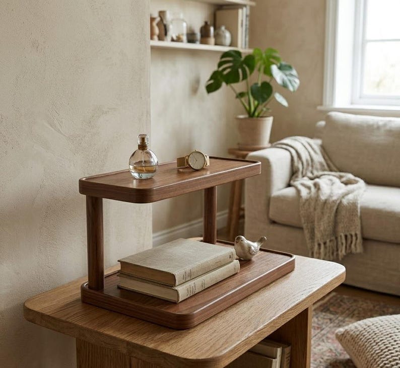 May include: A two-tiered wooden display stand with rounded corners and a smooth finish. The top tier holds a glass perfume bottle and a wristwatch, while the bottom tier holds two stacked books and a small decorative bird figurine.