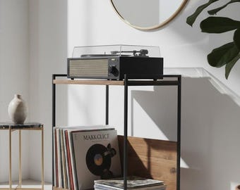 Modernt förvaringsställ för vinylskivor, minimalistisk skivspelare i trä, skivspelare i mitten av århundradet,