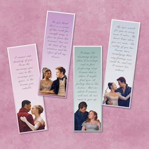 May include: Four rectangular bookmarks with romantic quotes and images of couples. The bookmarks have a gradient background of pink, lavender, and teal. The text includes phrases like "I cannot stop thinking of you" and "My eyes search for you."