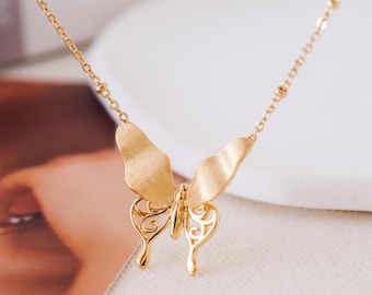 Gold Butterfly Pendant Necklace, 18K Gold Sterling Silver, Filigree Wings