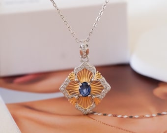 Two toned sapphire necklace, Blue sapphire pendant, Mixed metal natural sapphire necklace, Statement silver necklace, Gift for mom