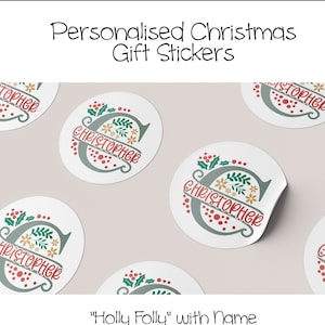 Personalised Christmas Name Stickers/Labels for Presents/Gifts | 2 Sizes available | Holly Folly with Name