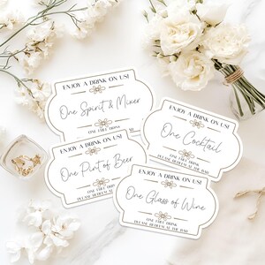 Elegantes fichas de "Bebida gratis" para bodas: ¡2 diseños para elegir, personalizados o genéricos!