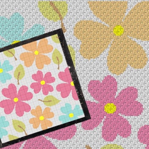 May include: A digital illustration of a repeating pattern of pastel pink, blue, and orange flowers with green leaves on a white background.