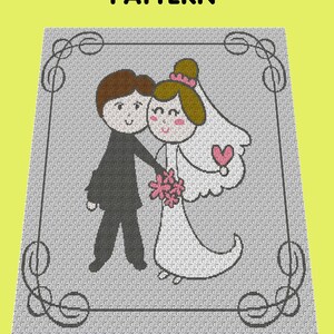 Puede incluir: Un patr&oacute;n de crochet C2C/Graphghan con una novia y un novio en un estilo de dibujos animados simple. El patr&oacute;n est&aacute; enmarcado con un borde decorativo.